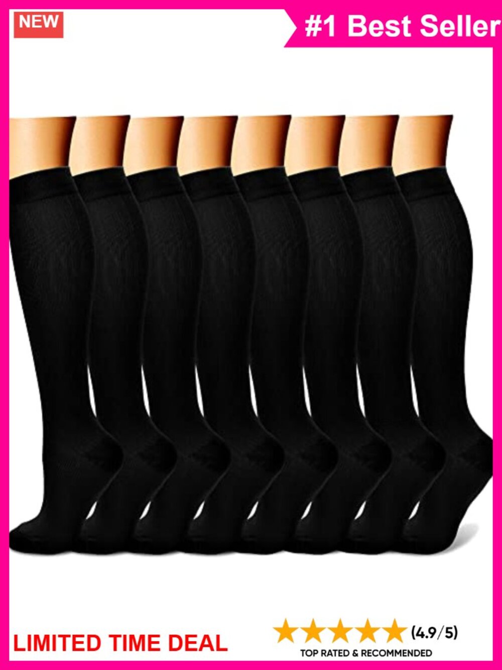 Compression Socks Knee High 15-20 mmHg Athletic Support Nylon Spandex 8 Pairs